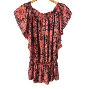 Karma‎ Highway Coral Floral Paisley Smocked Off Shoulder Peplum Blouse One Size